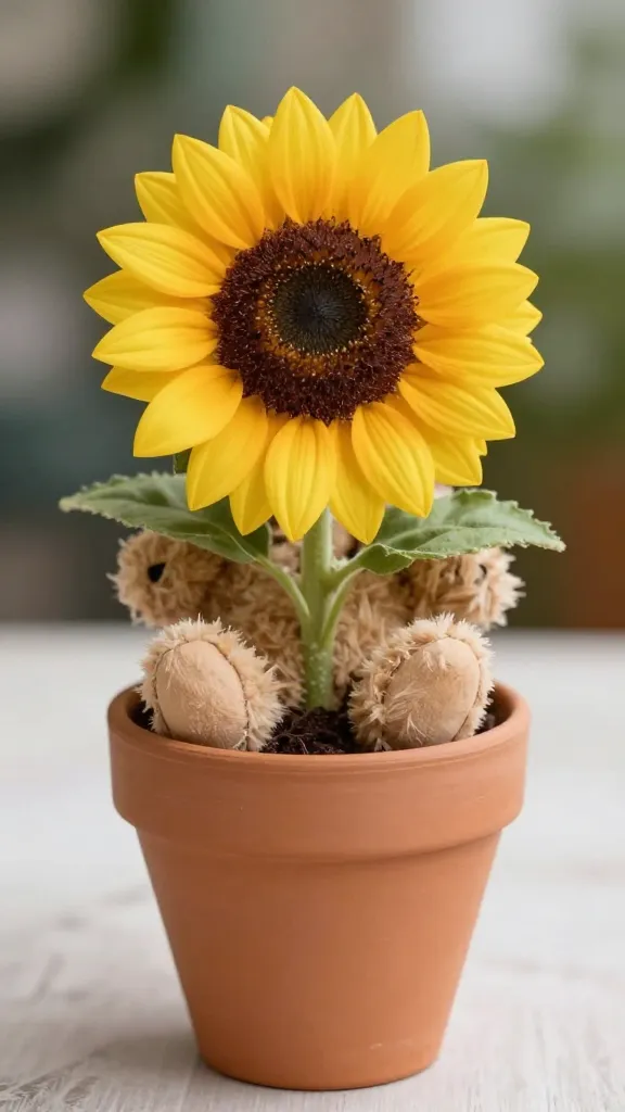 dwarf Teddy Bear sunflower in terracotta pot, shallow depth of field