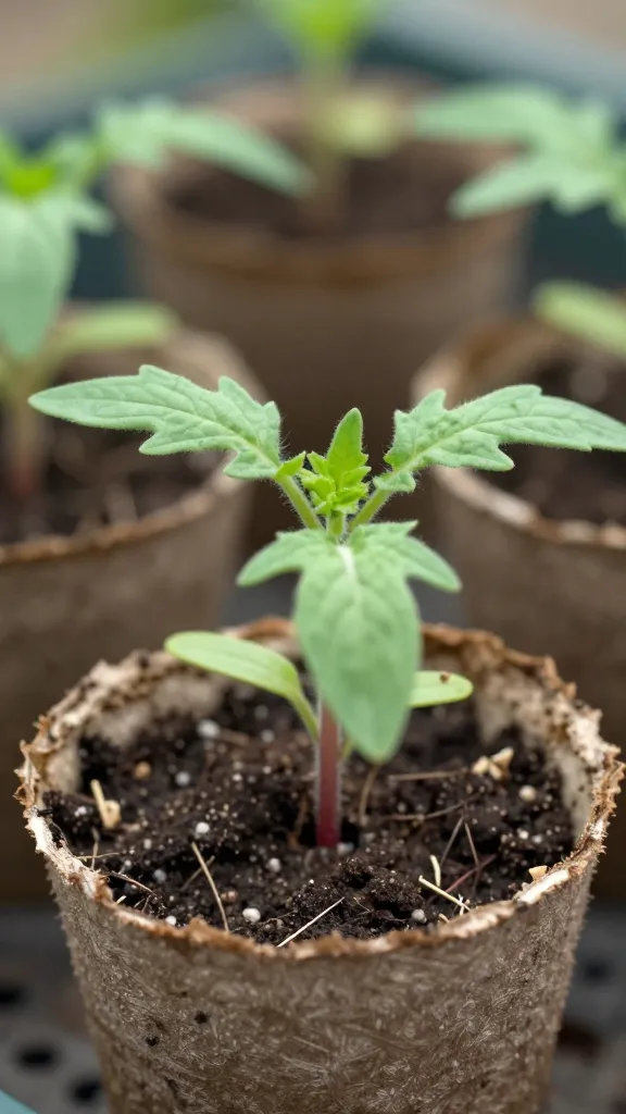 closeup of tomato seedling in peat pot, gentle outdoor shade