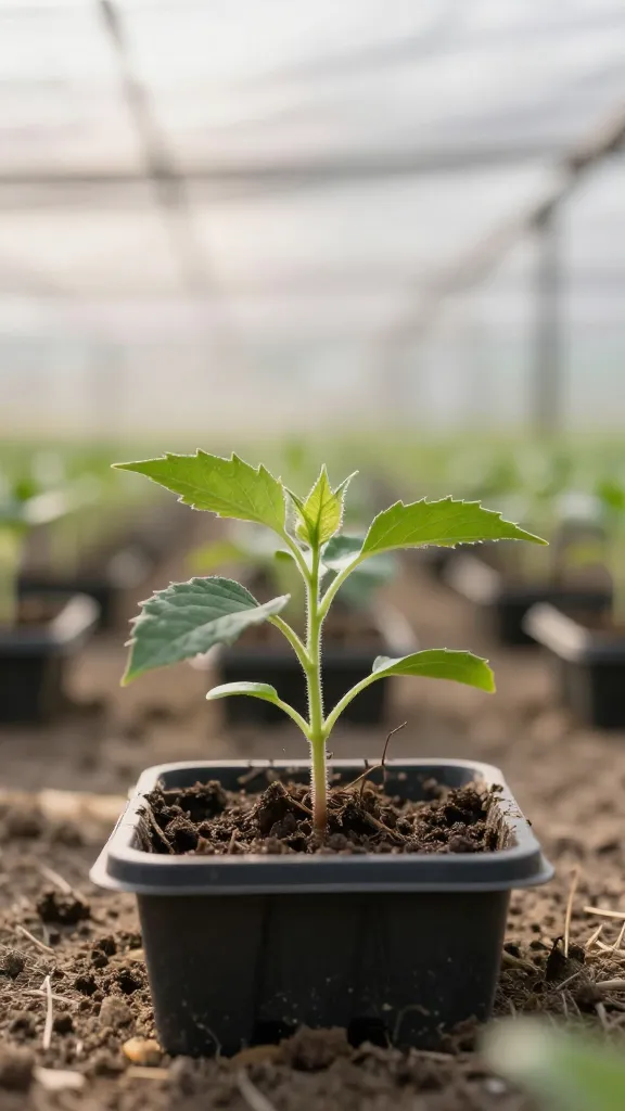 single seedling tray under shade cloth, soft morning light