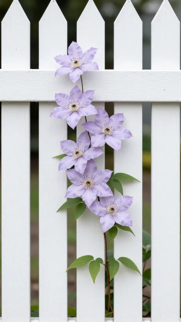 single trellis-trained clematis bloom on white picket fence