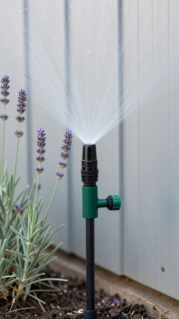 drip-irrigation emitter watering lavender beside vinyl fence