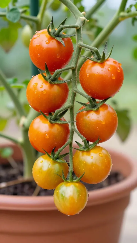 closeup ‘Sungold’ cherry tomato cluster on patio container vine