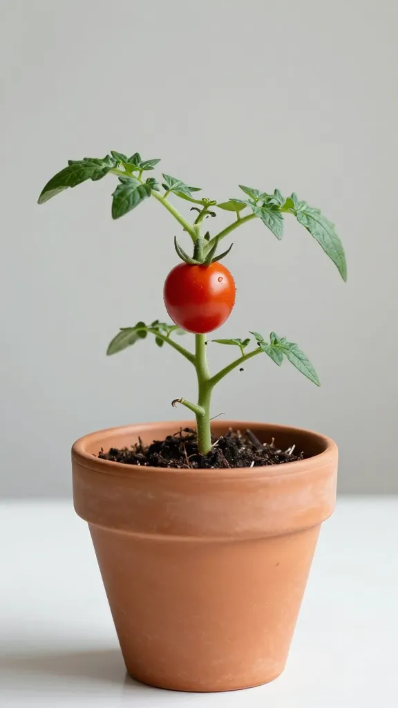 single ‘Tiny Tim’ cherry tomato plant in terracotta pot