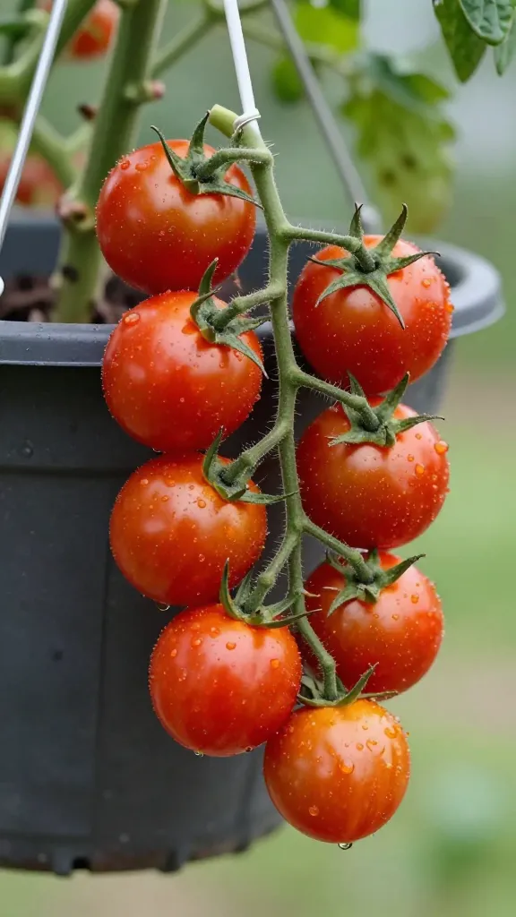 trailing ‘Tumbler’ cherry tomatoes in hanging basket, ripe fruit