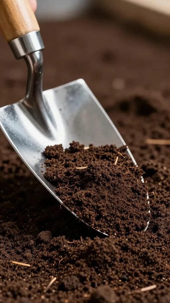 closeup of a single trowel scooping dark compost