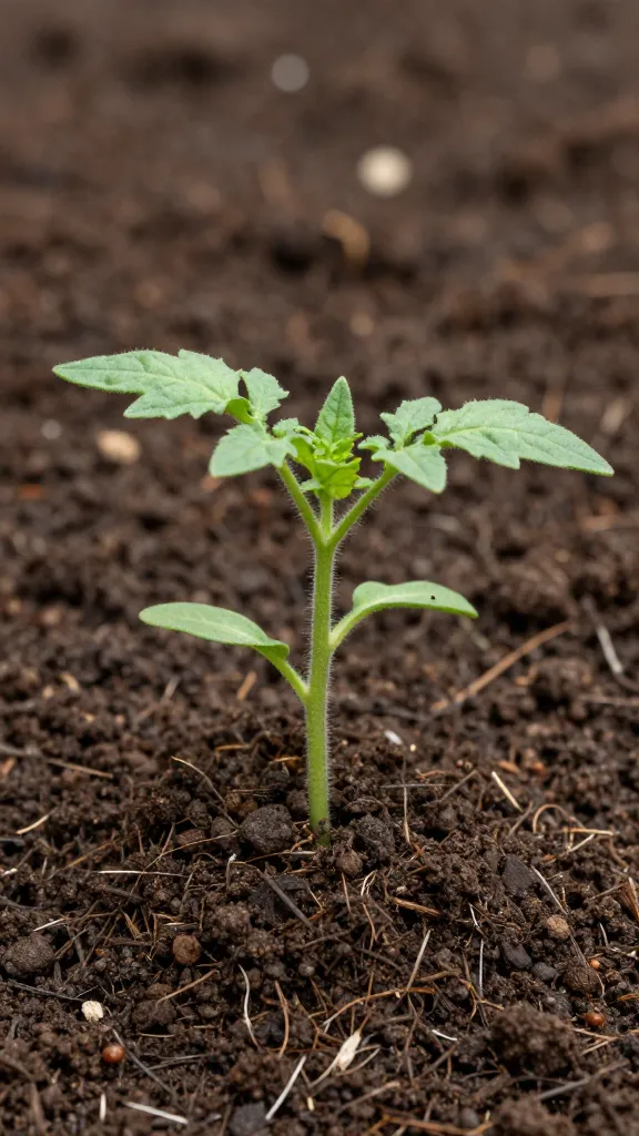 single tomato seedling in soil topped with one-inch compost
