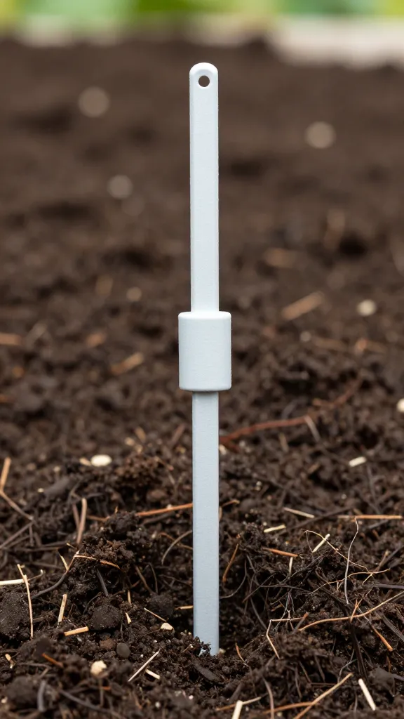 single compost moisture meter probe in rich garden soil