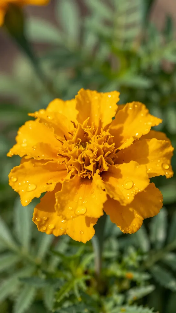 single French marigold bloom, dewy petals, morning sun