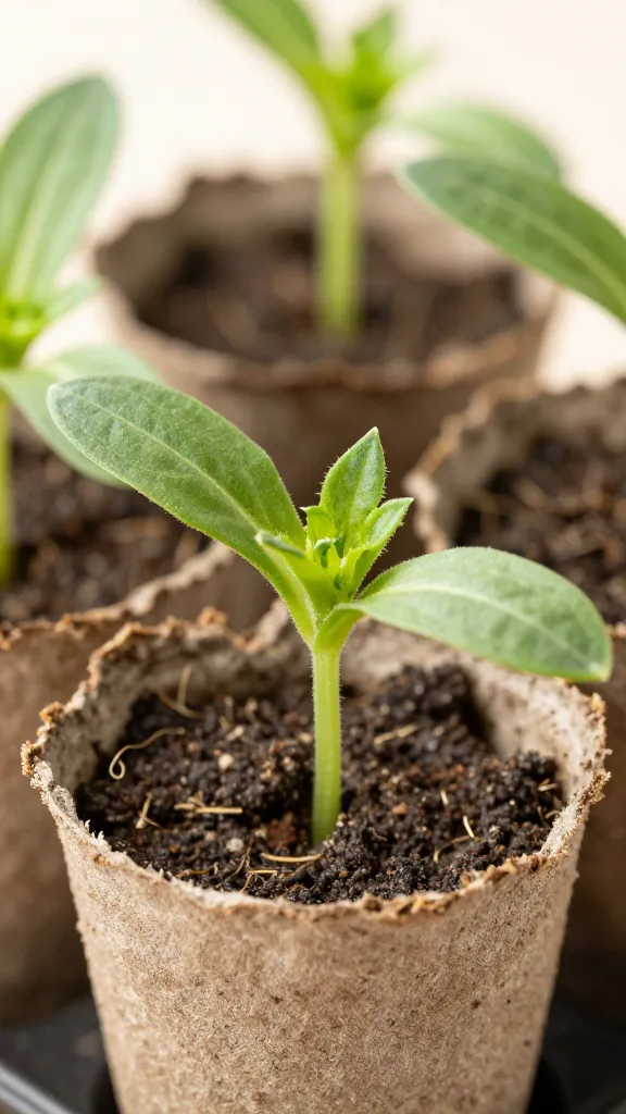 closeup of marigold seedling in biodegradable pot, bright light