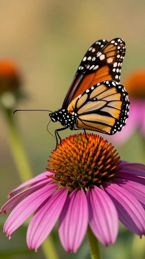 Monarch butterfly on purple coneflower, closeup, golden sunlight