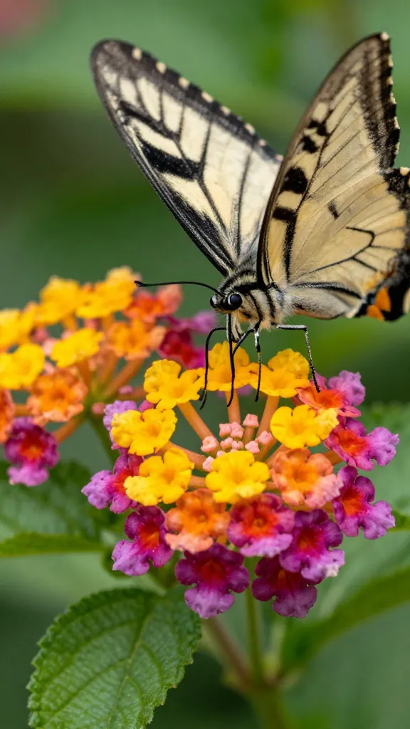Swallowtail sipping nectar from lantana cluster, macro detail