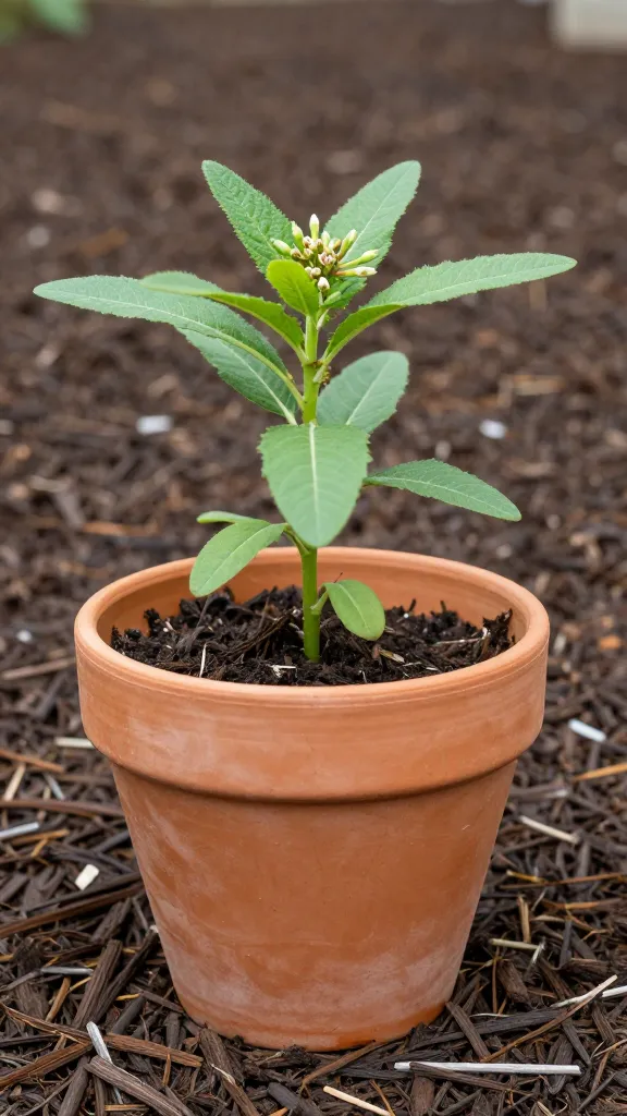 Single terracotta pot with milkweed, fresh mulch backdrop