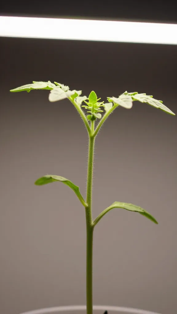 closeup of a single leggy tomato seedling under grow light