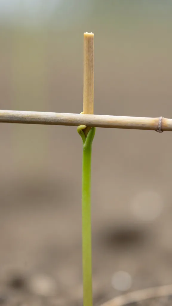 macro of a lone seedling stem braced with a bamboo stake