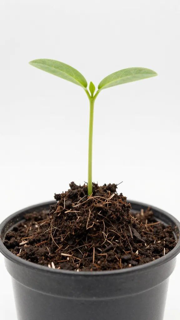 single seedling in deep pot with soil mounded up stem
