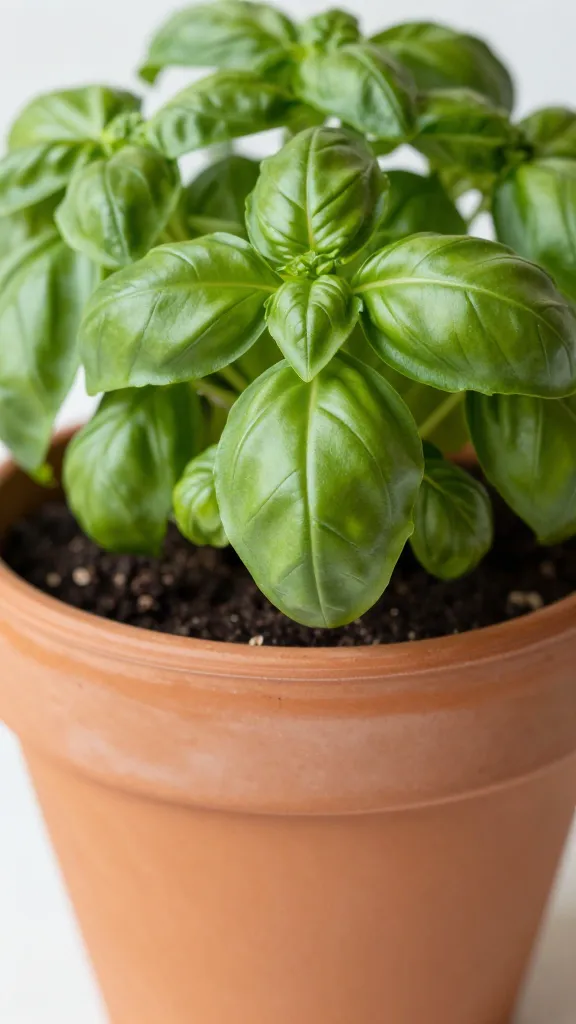 closeup of basil in 10-inch terracotta pot with drainage holes