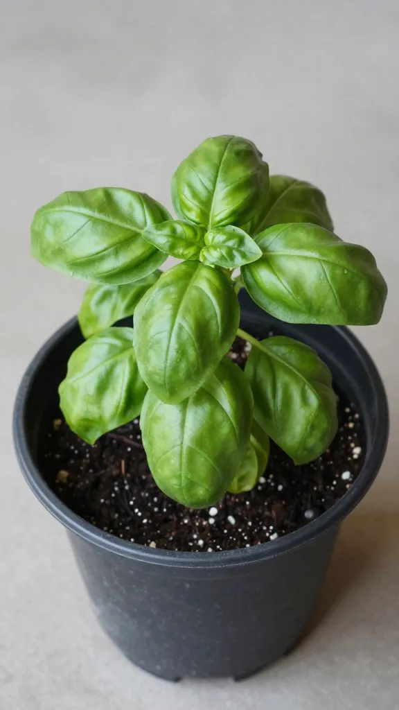 overhead shot of single basil plant in 12-inch plastic pot