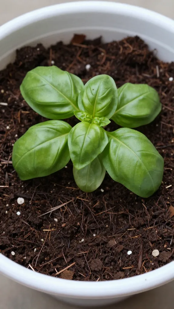moist potting soil surface with basil seedling in 8-inch pot