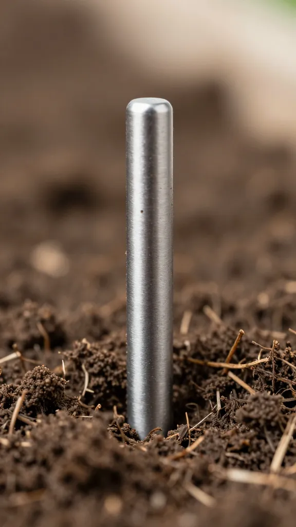 Moisture meter tip in raised bed soil, closeup macro