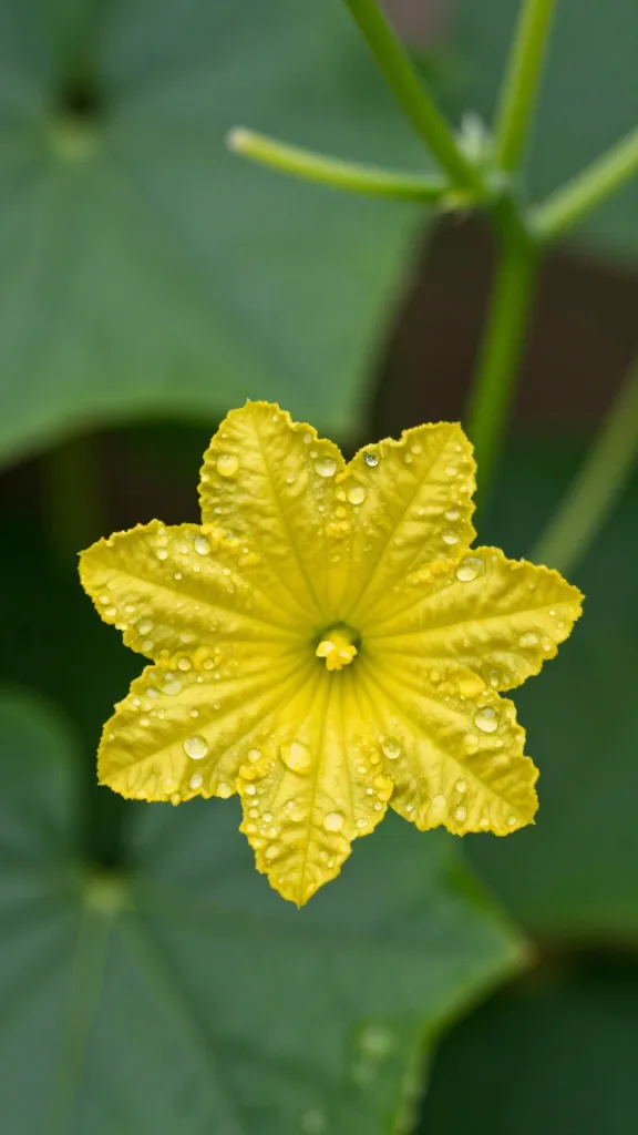 closeup of cucumber flower on trellis, morning dew, macro