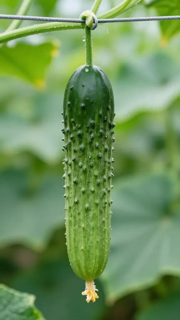 single straight cucumber hanging on nylon trellis, soft light