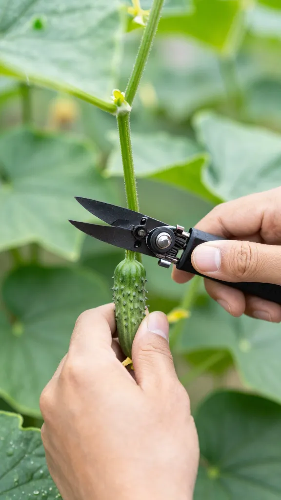 gardener’s hand pruning cucumber vine on vertical trellis, macro