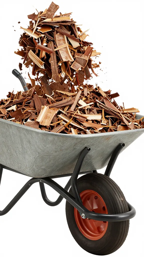 closeup of a single wheelbarrow dumping shredded bark mulch