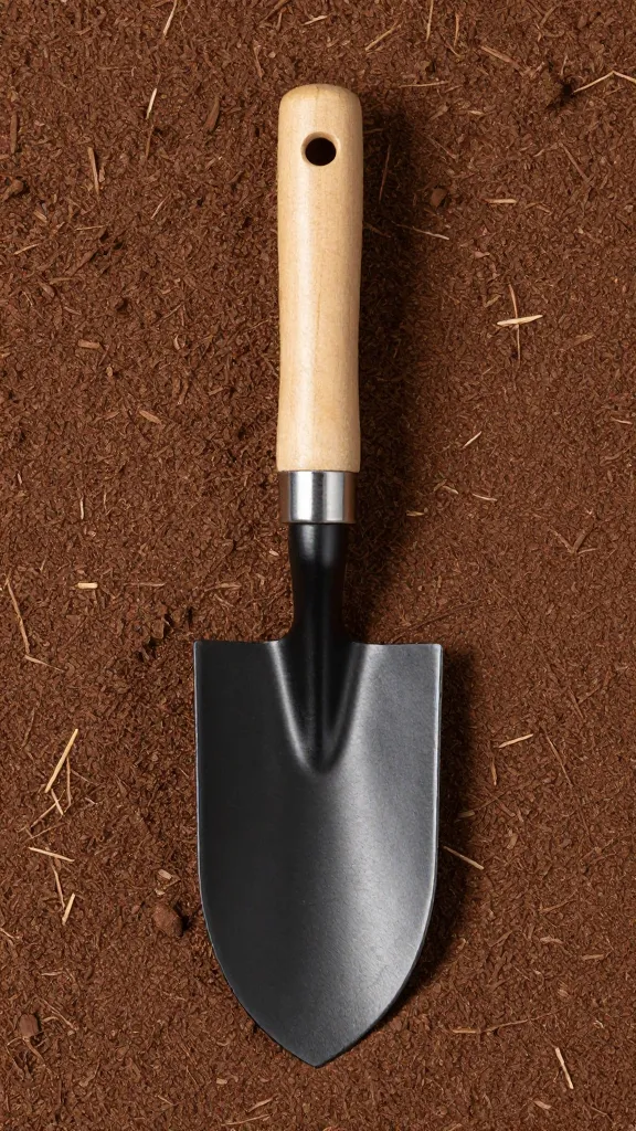 single garden trowel measuring a 3-inch mulch layer