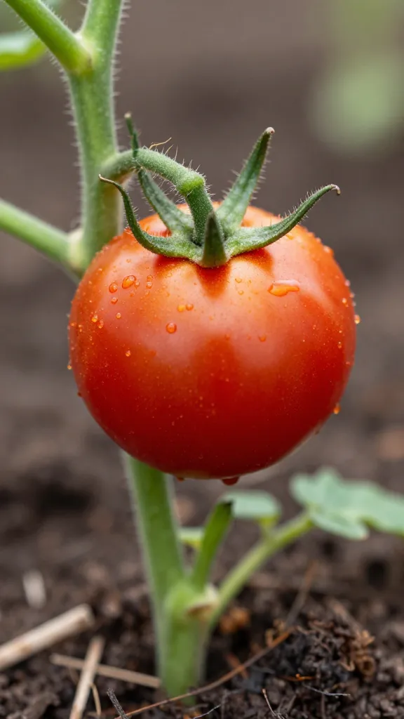 closeup of a young tomato stem with mulch pulled back