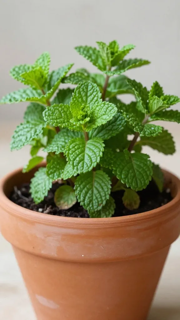 closeup of spearmint plant in 12-inch terracotta pot