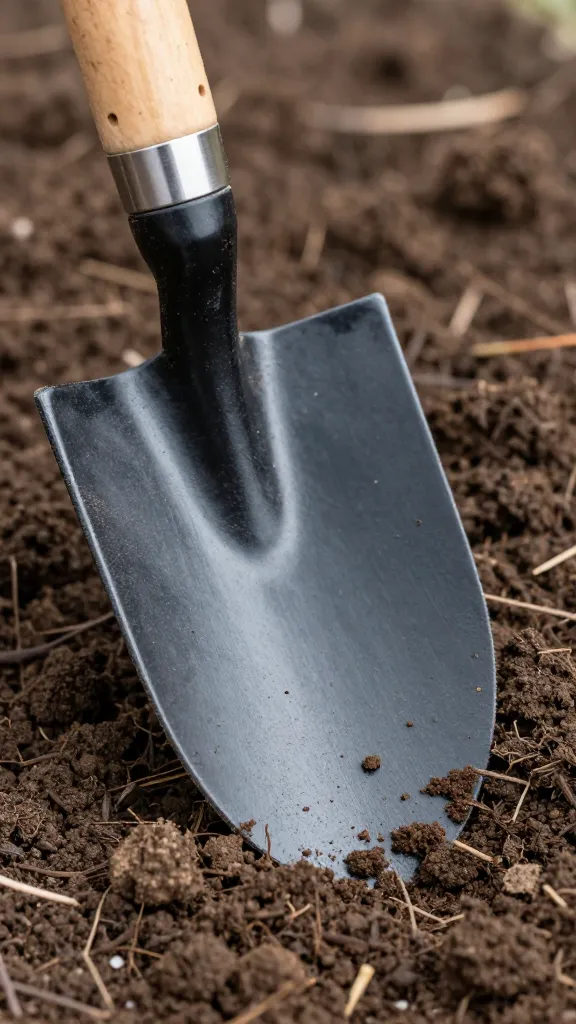 closeup of a soil trowel breaking fresh garden bed soil