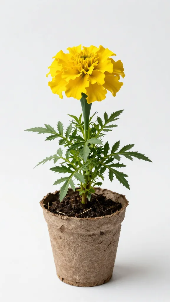 single yellow marigold plant in biodegradable nursery pot