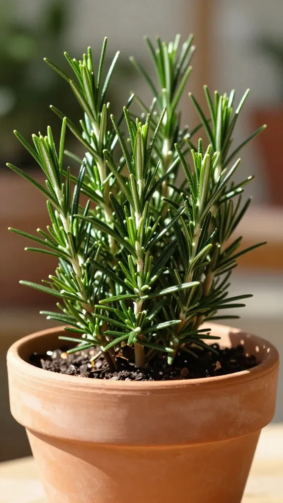 closeup of potted rosemary in full sun, terracotta pot