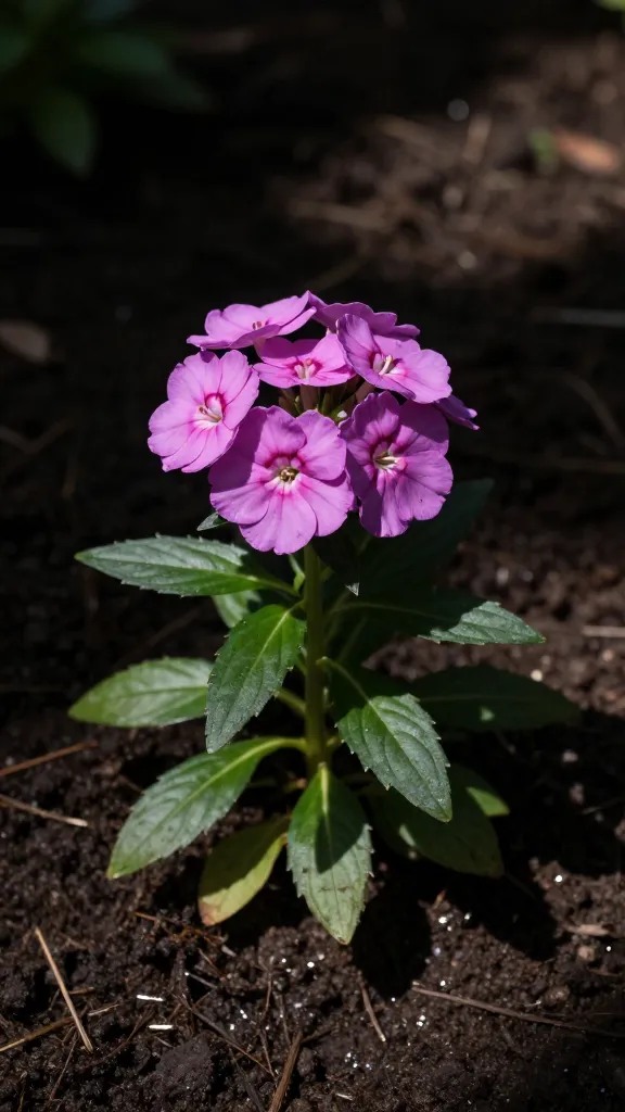 single impatiens plant in dappled shade, moist soil