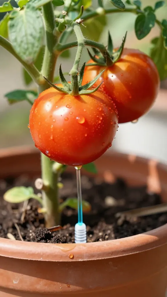 closeup of potted tomato with drip emitter, midday heat