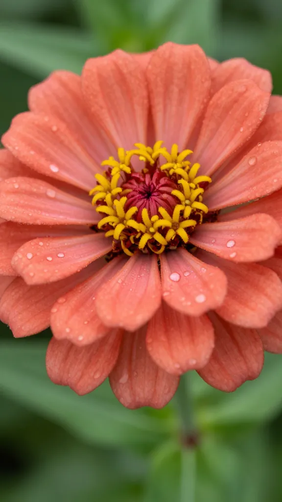 closeup of single coral zinnia bloom with dew drops