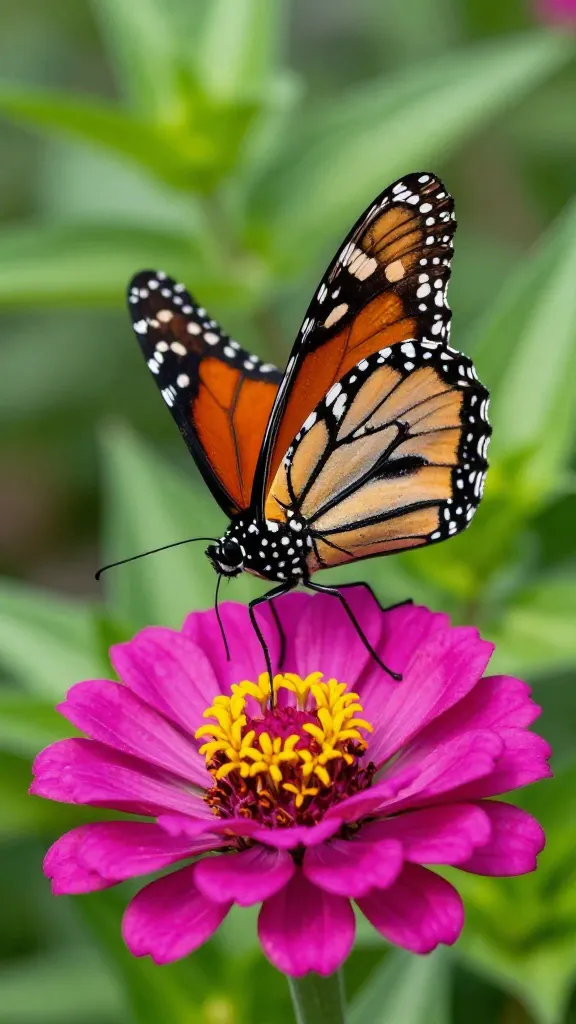 monarch butterfly on one magenta zinnia, shallow depth