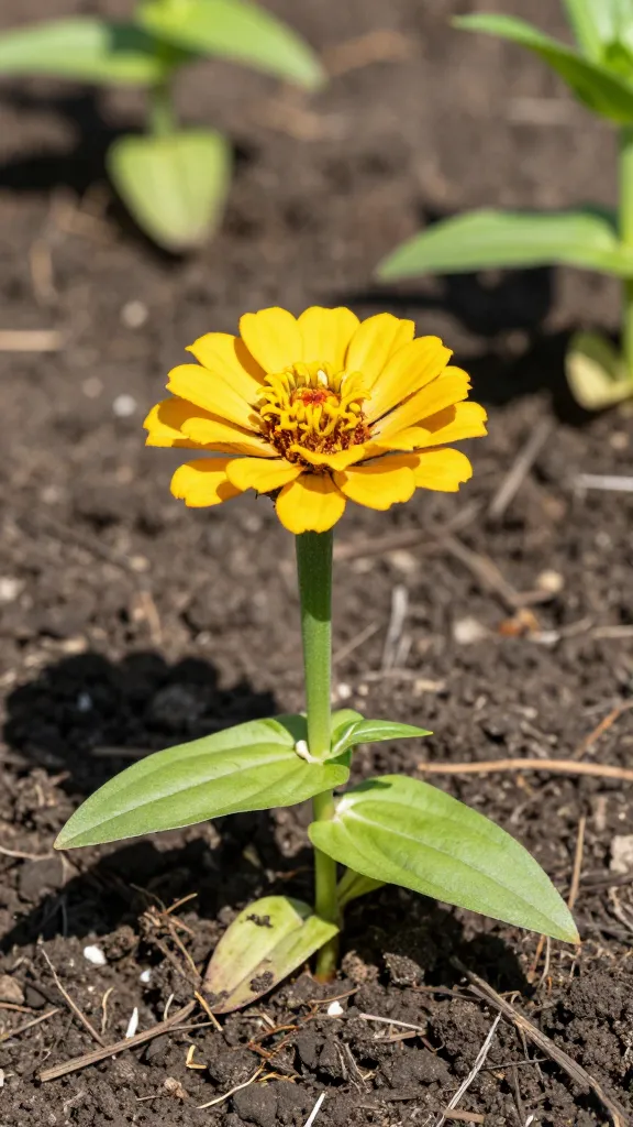 single zinnia seedling emerging in sunlit garden soil