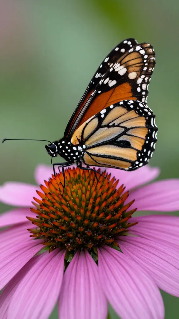 monarch butterfly on purple coneflower, macro closeup