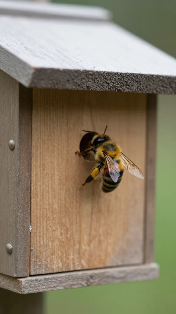 mason bee at clay bee house, shallow depth of field