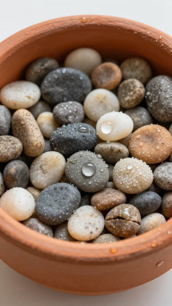 small terracotta dish puddler with pebbles, water droplets closeup