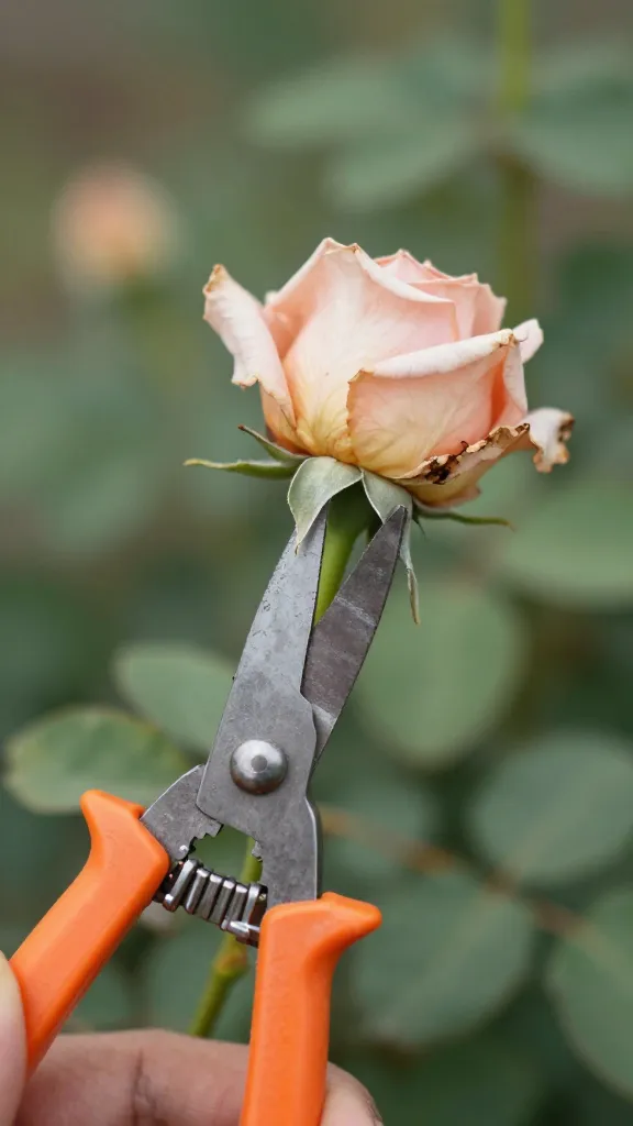 Closeup hand deadheading spent rose bloom with pruning shears
