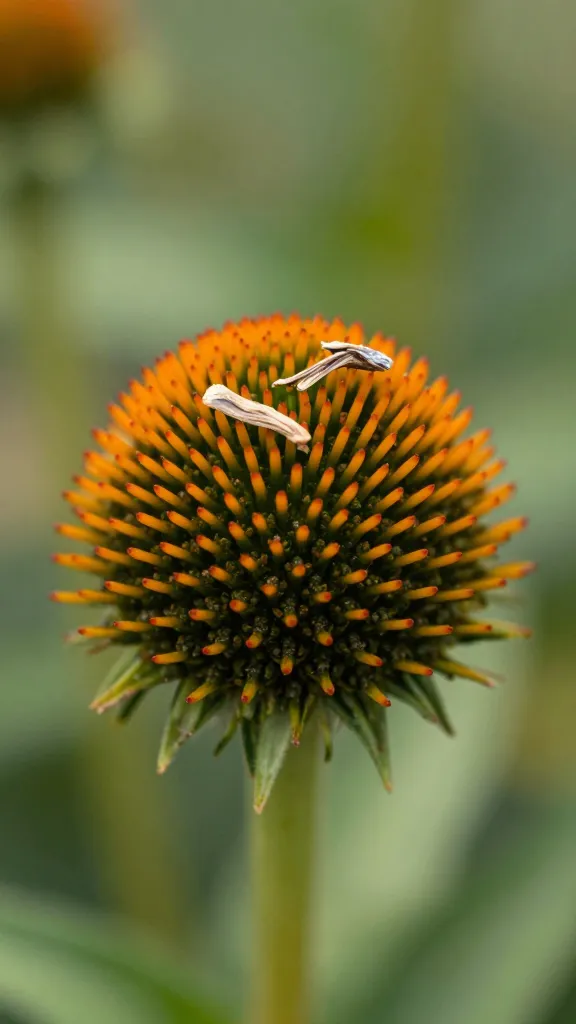 Single coneflower seed head before deadheading, shallow depth of field