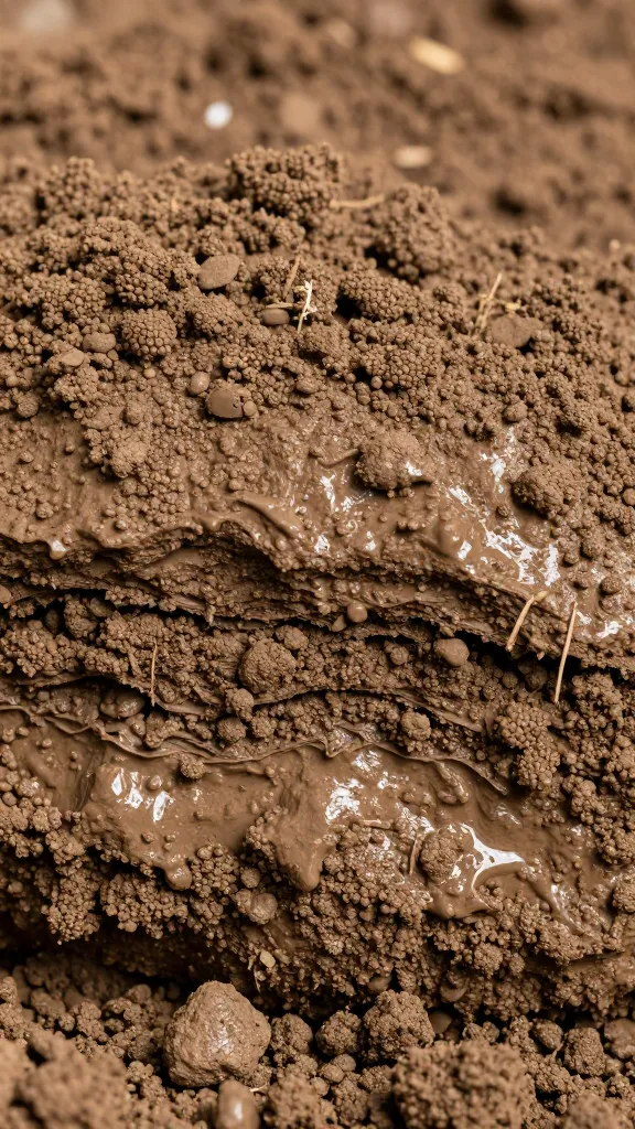 closeup of wet clay soil clod showing compacted layers