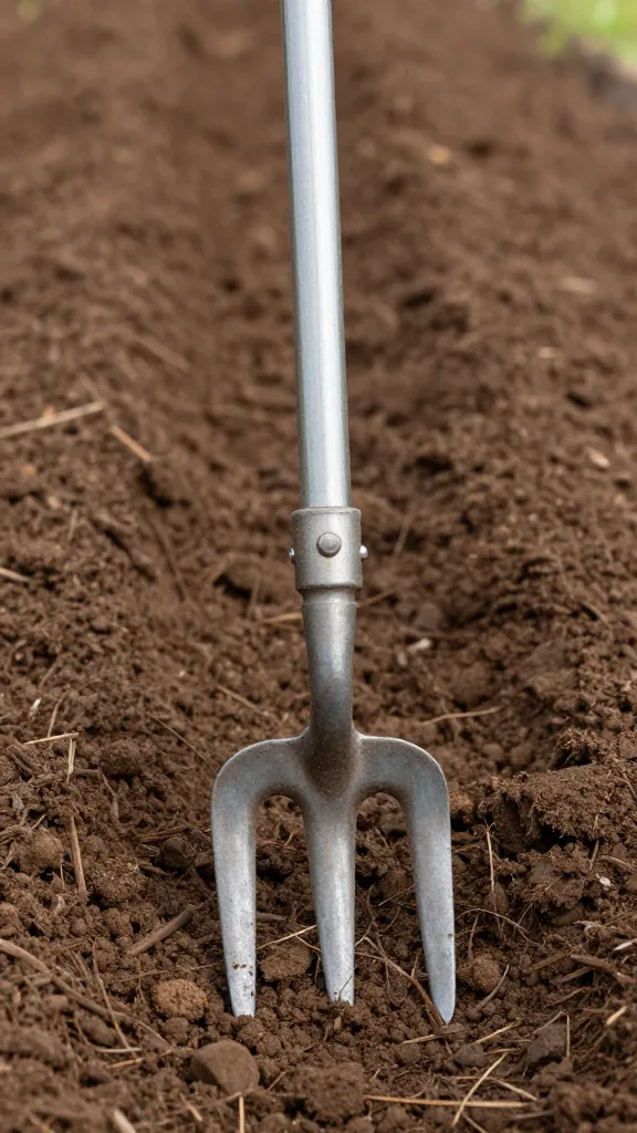 single garden fork aerating clay soil, shallow depth of field