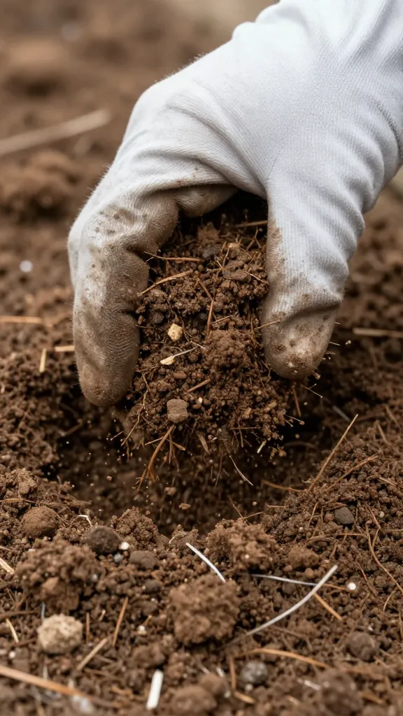 closeup of compost being mixed into clay soil by gloved hand