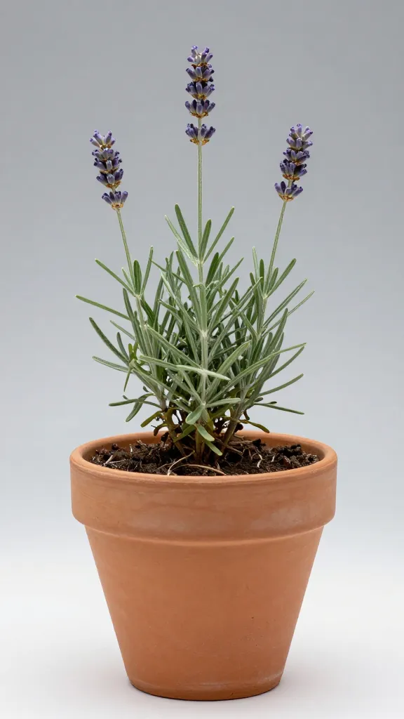 single lavender plant in unglazed clay pot, dry soil